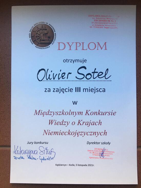 dyplom dla Oliviera Sotela